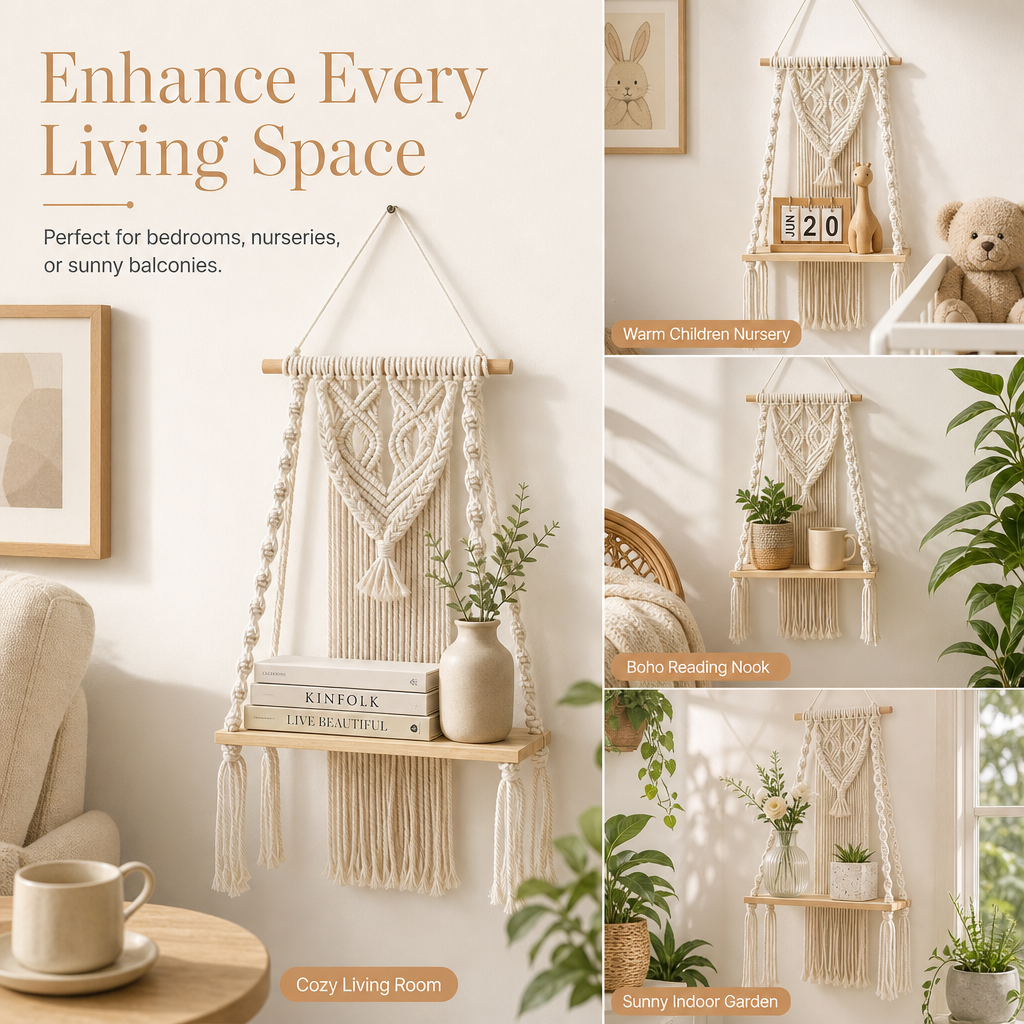 ⏳Time-Limited Special⏰Bohemian Hand Woven Macrame Wall Hanging Floating Shelf for Books and Plants Living Room Decor