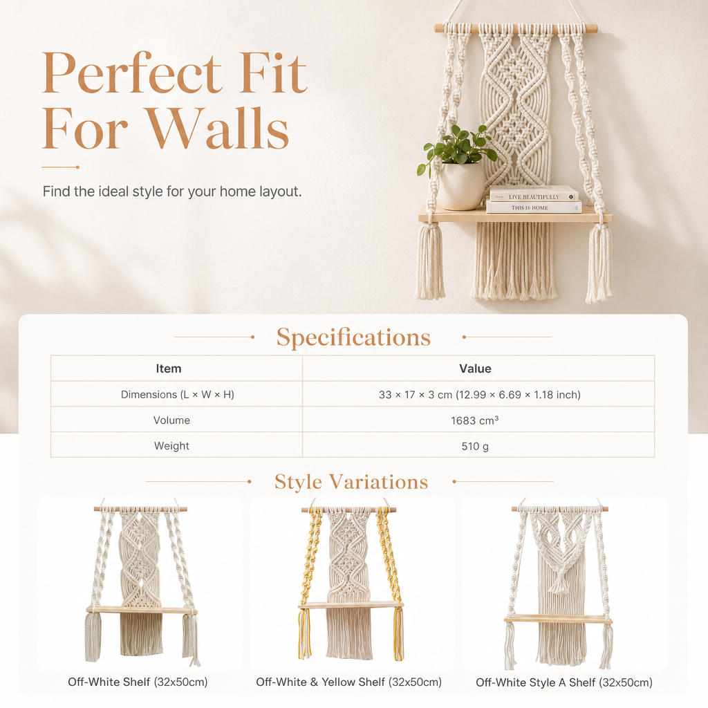 ⏳Time-Limited Special⏰Bohemian Hand Woven Macrame Wall Hanging Floating Shelf for Books and Plants Living Room Decor