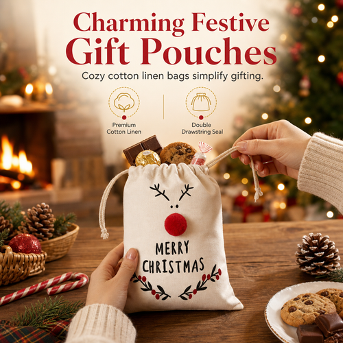 🔥Last Day 50%OFF-🎅Christmas Cotton Linen Drawstring Gift Bags with Red Nosed Elk 15x20cm