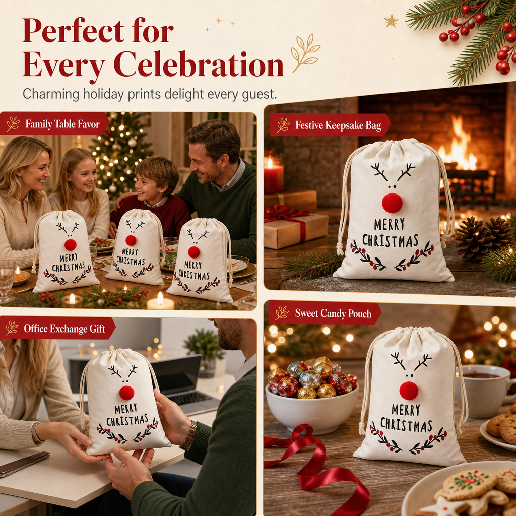 🔥Last Day 50%OFF-🎅Christmas Cotton Linen Drawstring Gift Bags with Red Nosed Elk 15x20cm